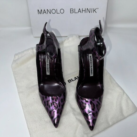 Manolo Blahnik Size 36 / 6 Patent Leather Purple & Black Leopard Print Heels NEW - Picture 3 of 6